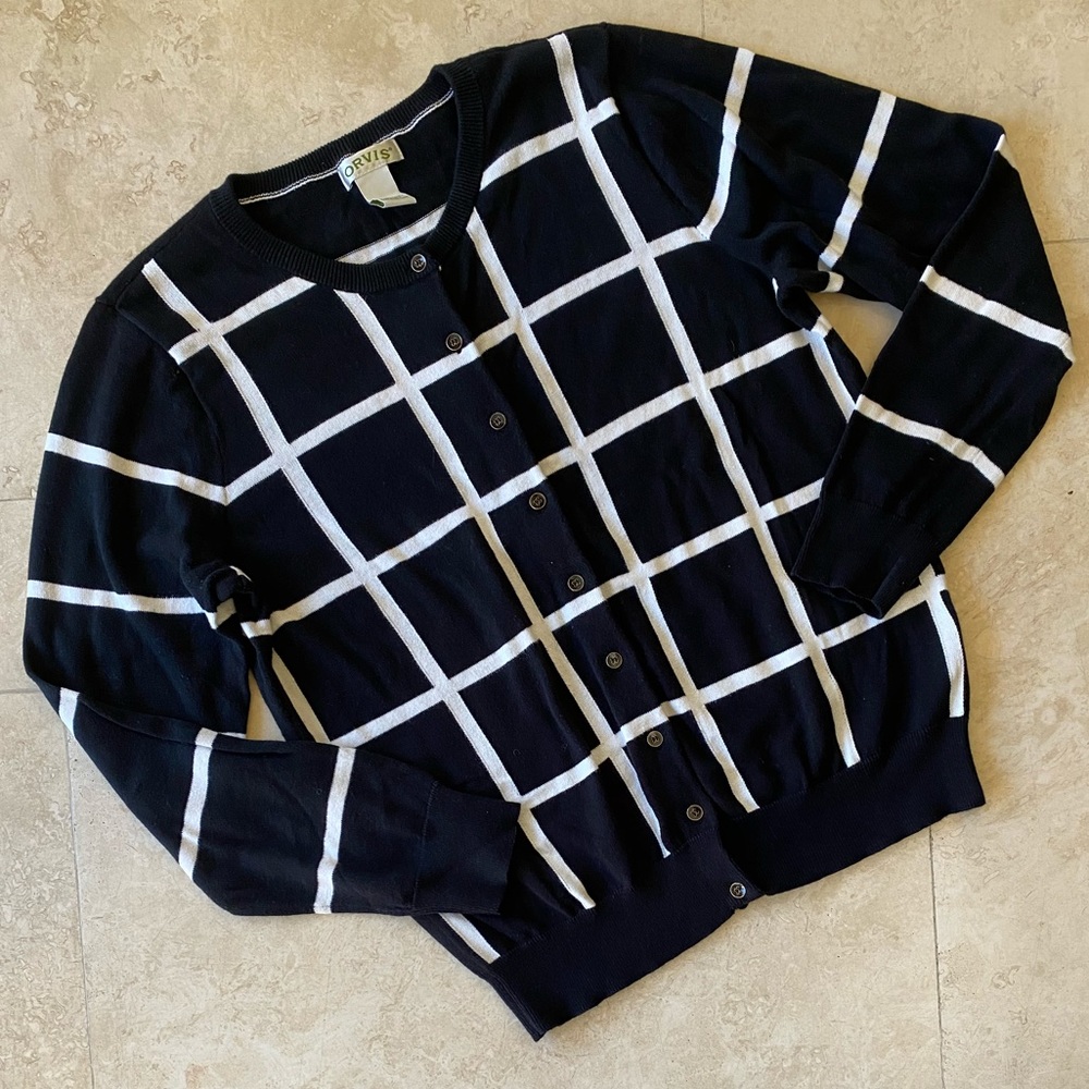 Orvis Button Front Cardigan Sweater Black White L